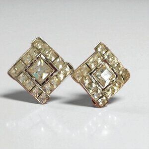 50s Coro Clear Rhinestone Screwback Earrings Formal‎ Silver Tone Mod Art Deco